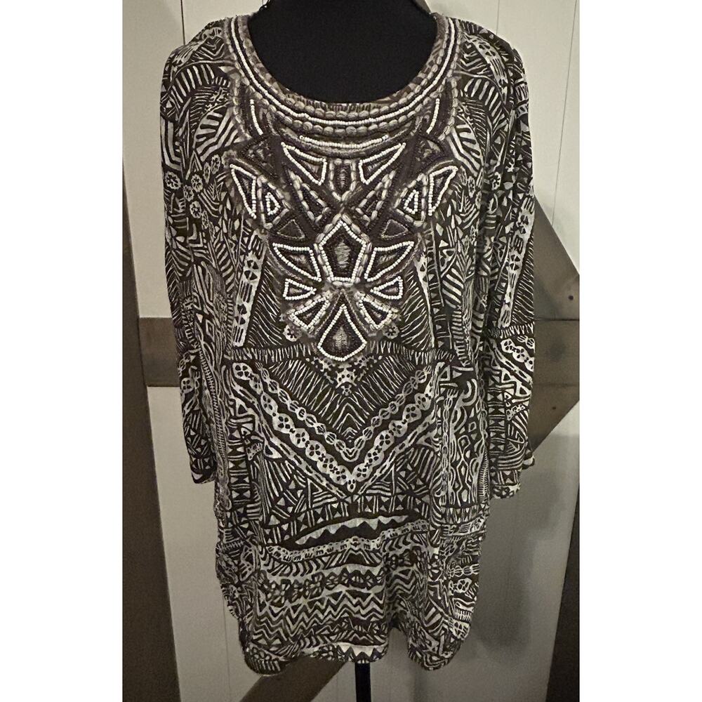 Chicos Brown White Bead Accent Blouse Size 3 (16) Lightweight Chico's